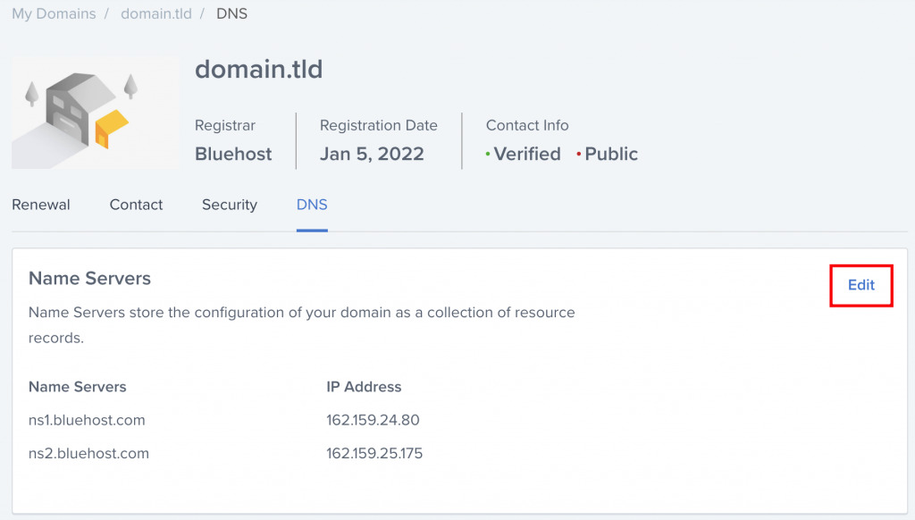 How-to-change-nameservers-in-bluehost-The-DNS-page-on-the-Bluehost-website.-The-Edit-button-near-nameservers-section-is-highlighted