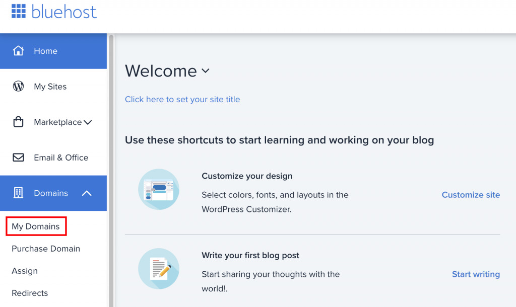How-to-change-nameservers-in-bluehostThe-Domains-section-on-the-Bluehost-website.-My-Domains-button-is-highlighted
