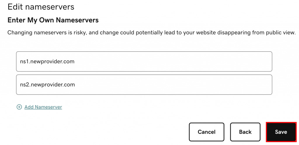 How-to-change-nameservers-in-godaddy-The-Edit-nameservers-section-on-the-GoDaddy-website.-Save-button-is-highlighted