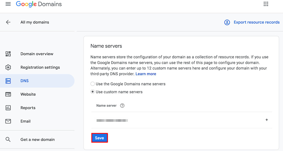 How-to-change-nameservers-in-google-The-DNS-section-on-the-Google-Domains-page.-The-Save-button-under-Name-servers-section-is-highlighted