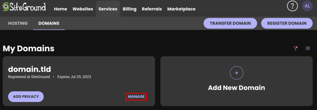 How-to-change-nameservers-in-siteground-My-Domains-section-on-the-SiteGround-website-The-manage-button-is-highlighted