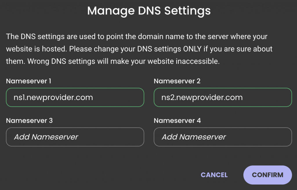How-to-change-nameservers-in-siteground-The-Manage-DNS-Settings-section-on-the-SiteGround-website.-The-page-displays-newly-entered-nameservers