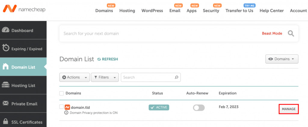How-to-change-nameservers-on-namecheap-The-Domain-List-section-on-the-Namecheap-website.-Manage-button-near-a-domain-is-highlighted