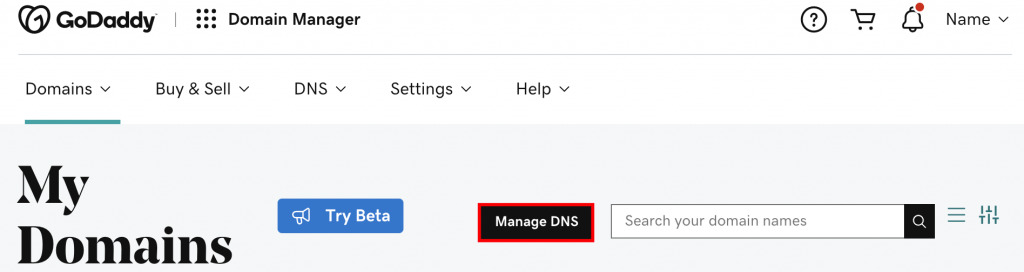 change-nameservers-in-GoDaddy-domain-manager-view.-Manage-DNS-button-is-highlighted